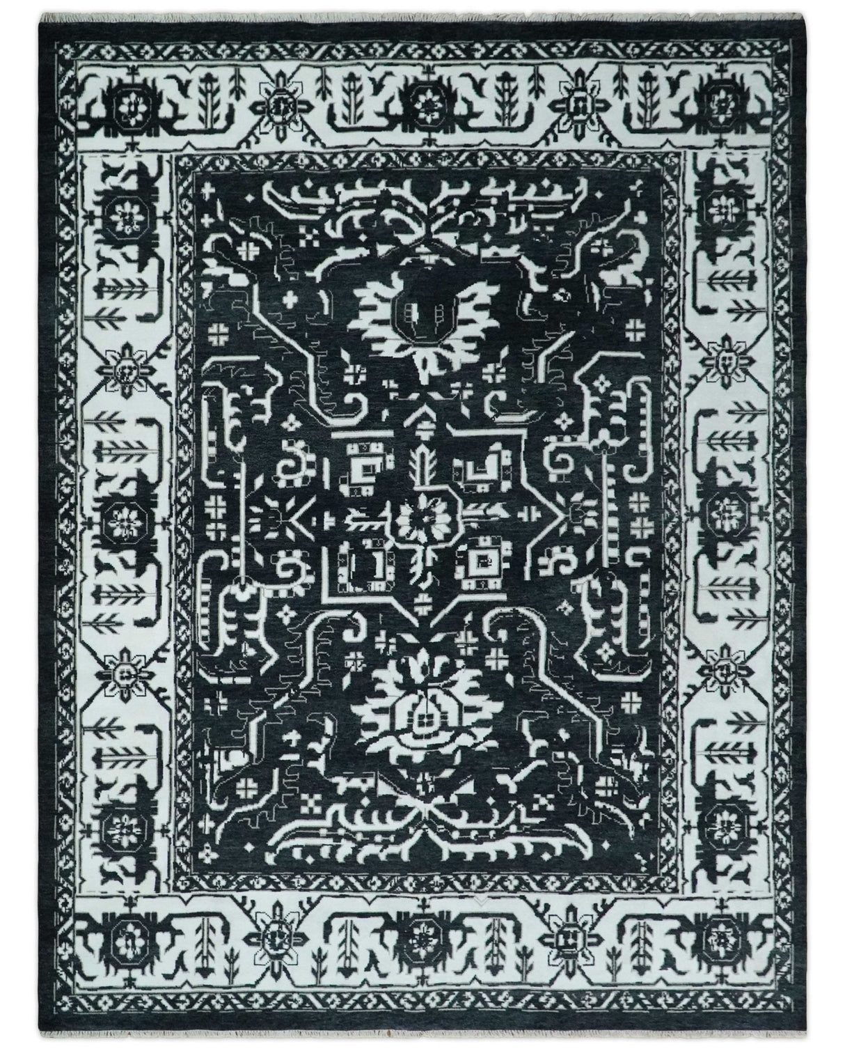 Black and White 6x9, 8x10 and 9x12 Hand Knotted Traditional Persian Oushak Wool and Viscose Rug, Accent Rug | TRDCP840-Area Rug-Parc Decor