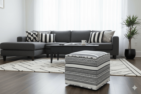 Black and White Handmade Block Printed cotton Pouf