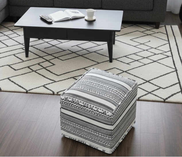 Black and White Handmade Block Printed cotton Pouf