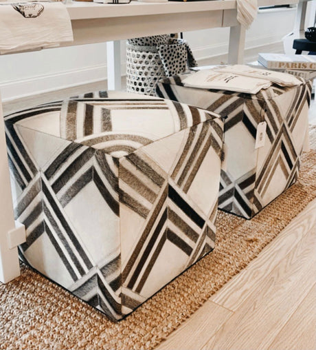 Black and White Luxury Genuine Leather Pouf Ottoman, Footstool, Side table, Seat , Foot Rest, Living Room, Bedroom | TRD284-Pouf-Parc Decor