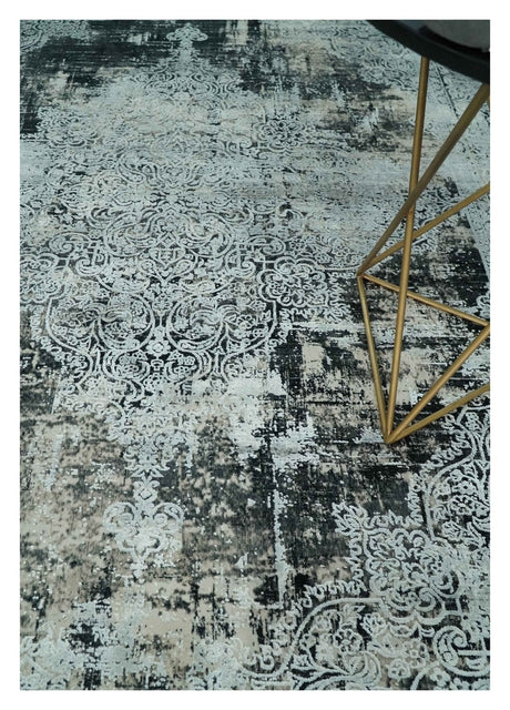 Black, Beige and Silver Antique Finish, Vintage look, Art Silk Area Rug, Living Room Rug-Area Rug-Parc Decor