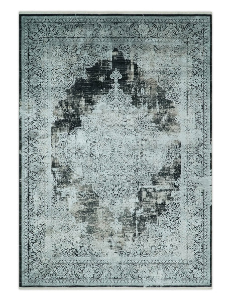 Black, Beige and Silver Antique Finish, Vintage look, Art Silk Area Rug, Living Room Rug-Area Rug-Parc Decor