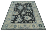 Black, Beige and Silver Hand Knotted Traditional Oushak Wool Area Rug