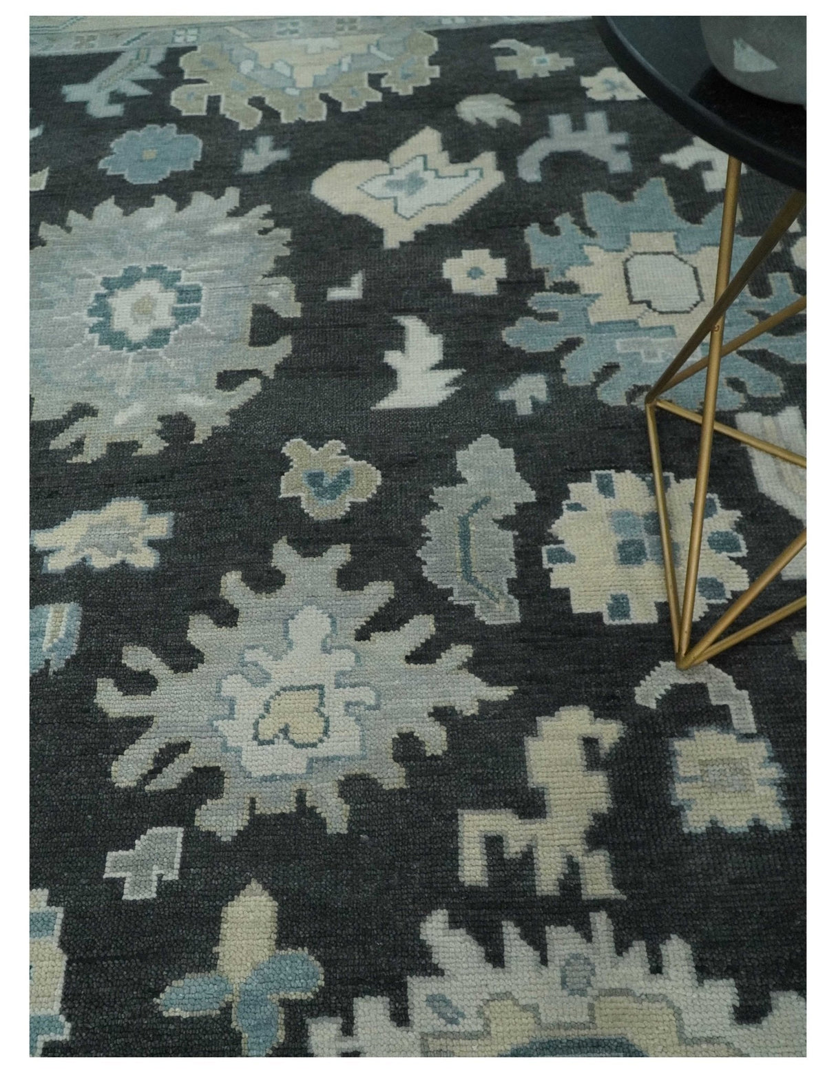 Black, Beige and Silver Hand Knotted Traditional Oushak Wool Area Rug