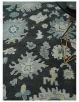 Black, Beige and Silver Hand Knotted Traditional Oushak Wool Area Rug