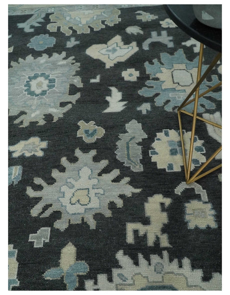 Black, Beige and Silver Hand Knotted Traditional Oushak Wool Area Rug