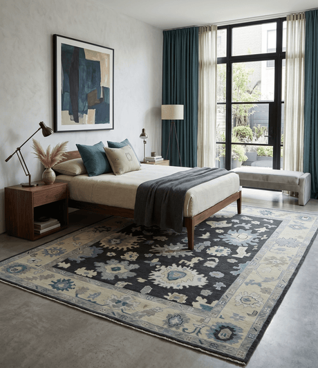 Black, Beige and Silver Hand Knotted Traditional Oushak Wool Area Rug