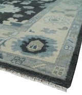Black, Beige and Silver Hand Knotted Traditional Oushak Wool Area Rug