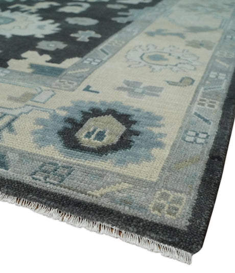Black, Beige and Silver Hand Knotted Traditional Oushak Wool Area Rug
