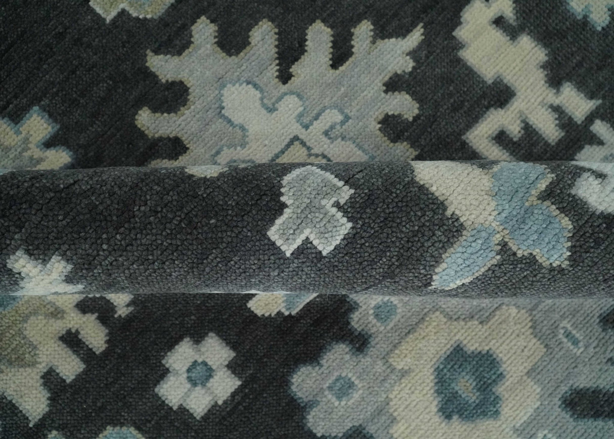 Black, Beige and Silver Hand Knotted Traditional Oushak Wool Area Rug