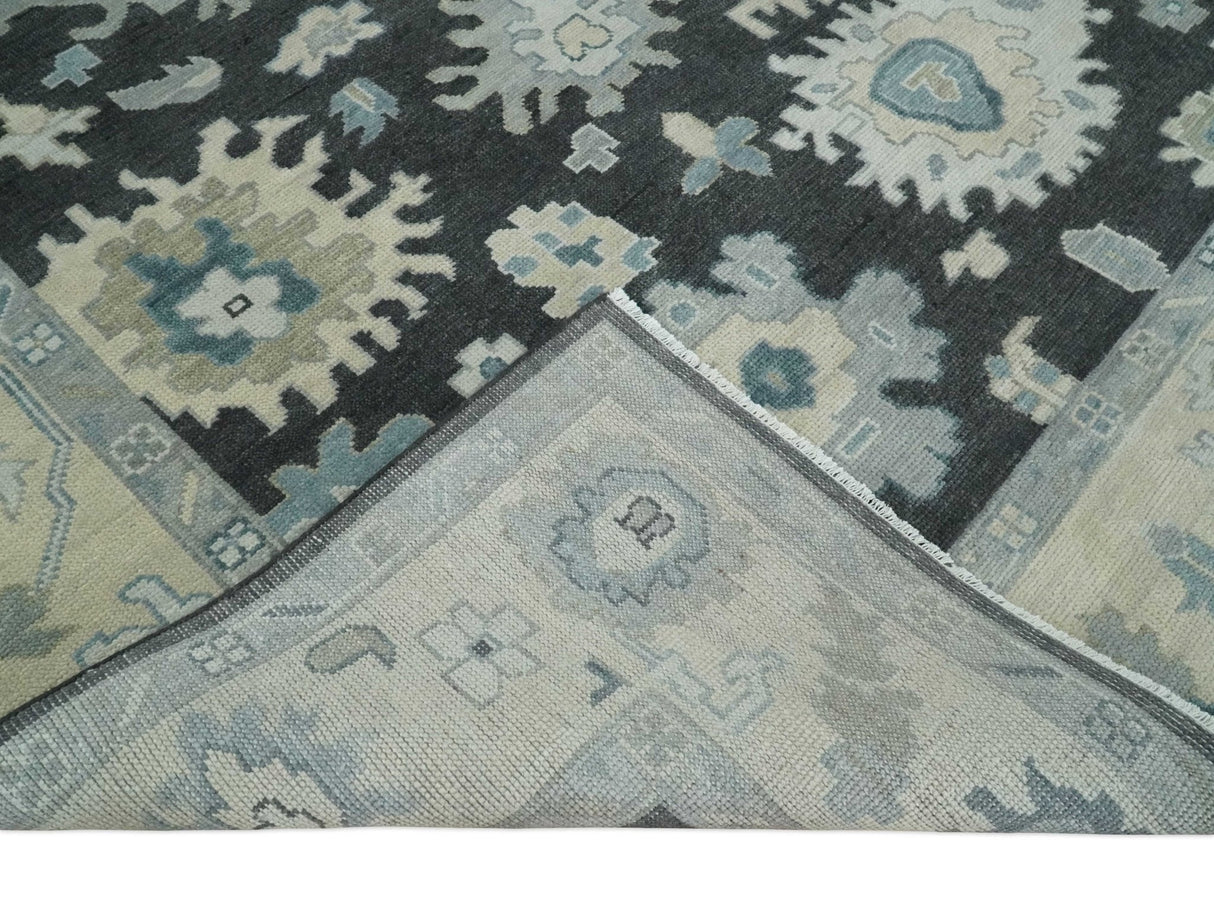 Black, Beige and Silver Hand Knotted Traditional Oushak Wool Area Rug