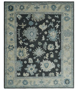 Black, Beige and Silver Hand Knotted Traditional Oushak Wool Area Rug