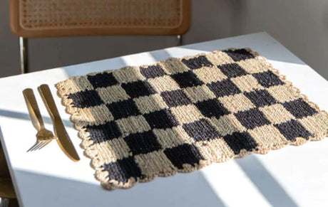 Black checked Placemat, Rectangular raffia tabletop-table tops-Parc Decor