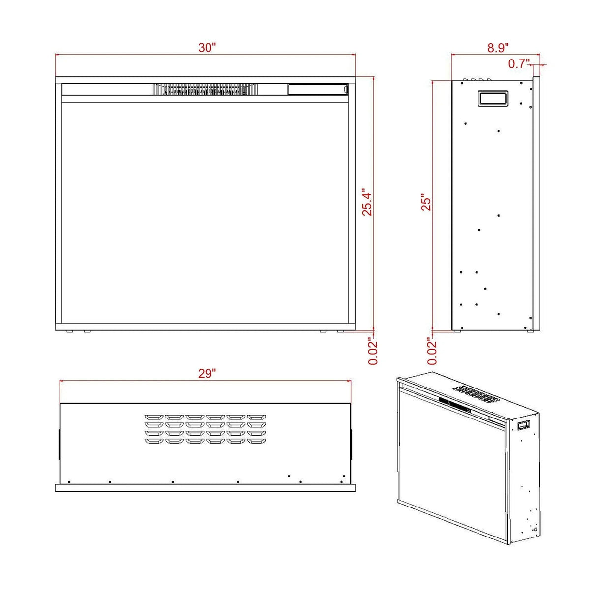 Black Electric Fireplace Heater Insert with Overheating Protection and Remote Control