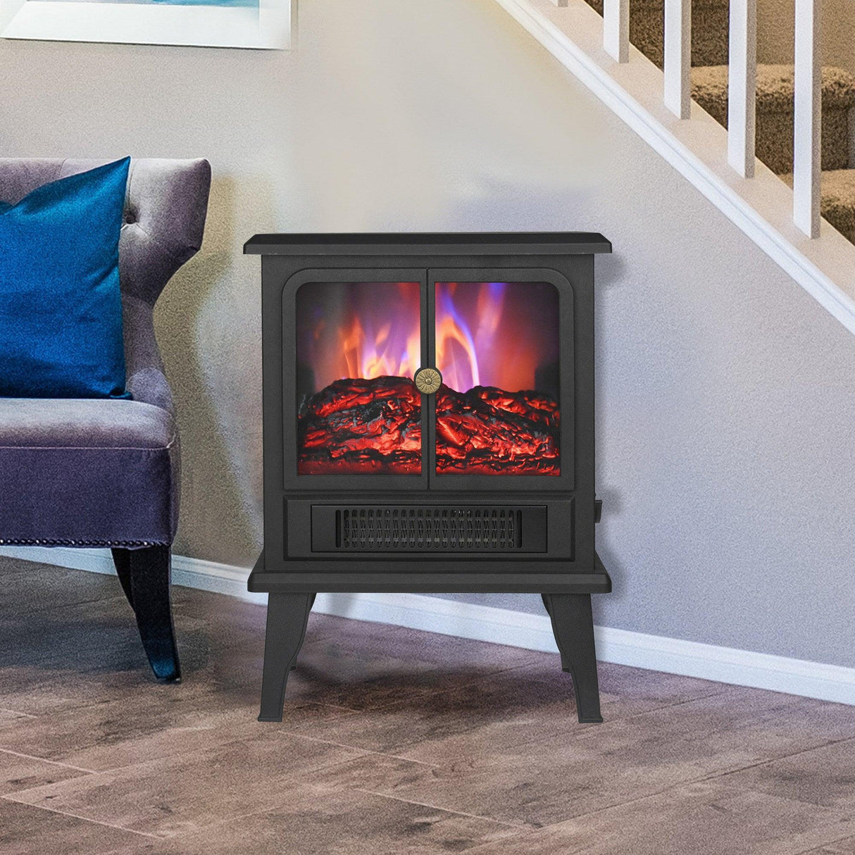 Black Electric Heater Free Standing Stove, 3D Flame Overheat Protection Adjustable Thermostat, 1500W