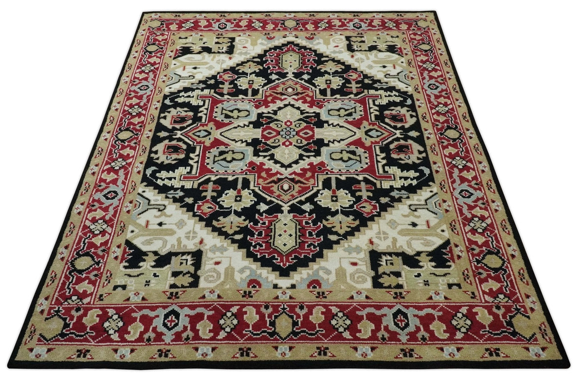 Black, Ivory, Olive and Brown Hand knotted Traditional Heriz Medallion Multi Size Wool Area Rug