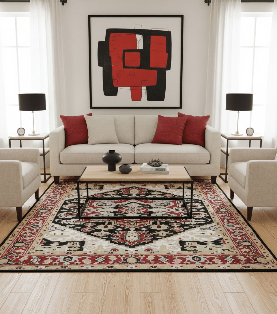 Black, Ivory, Olive and Brown Hand knotted Traditional Heriz Medallion Multi Size Wool Area Rug