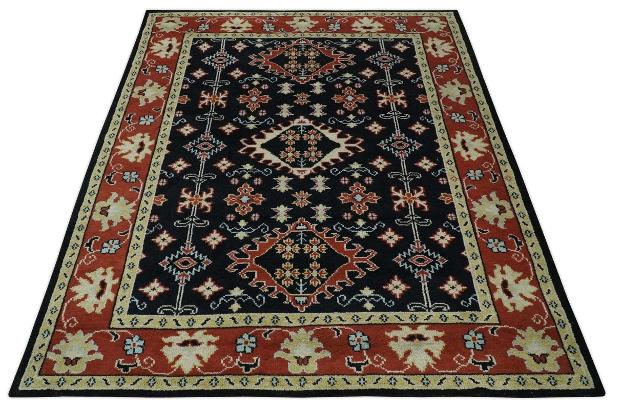 Black, Rust and Beige 8x10 Traditional Oriental Hand Knotted Wool Area Rug