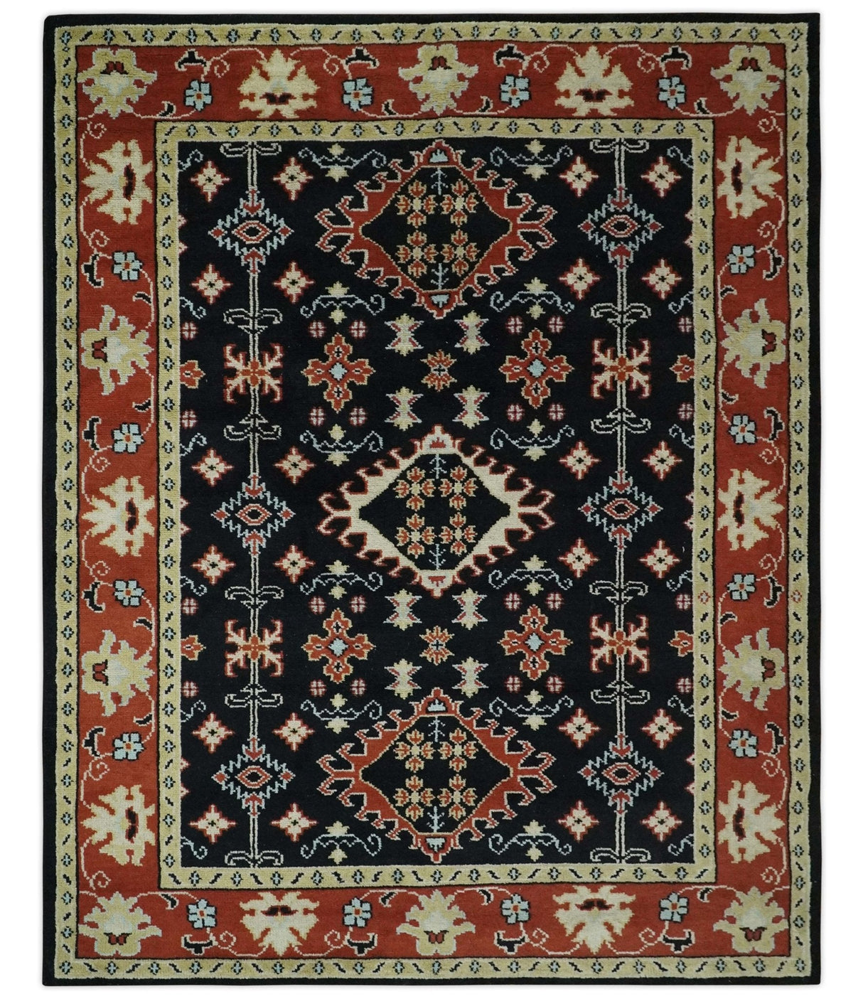 Black, Rust and Beige 8x10 Traditional Oriental Hand Knotted Wool Area Rug