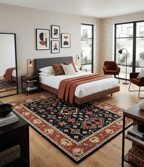 Black, Rust and Beige Traditional Oriental Hand Knotted Custom Made Wool Area Rug