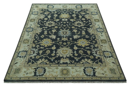 Black, Silver and Olive Oushak Hand Knotted Custom Made Wool Rug