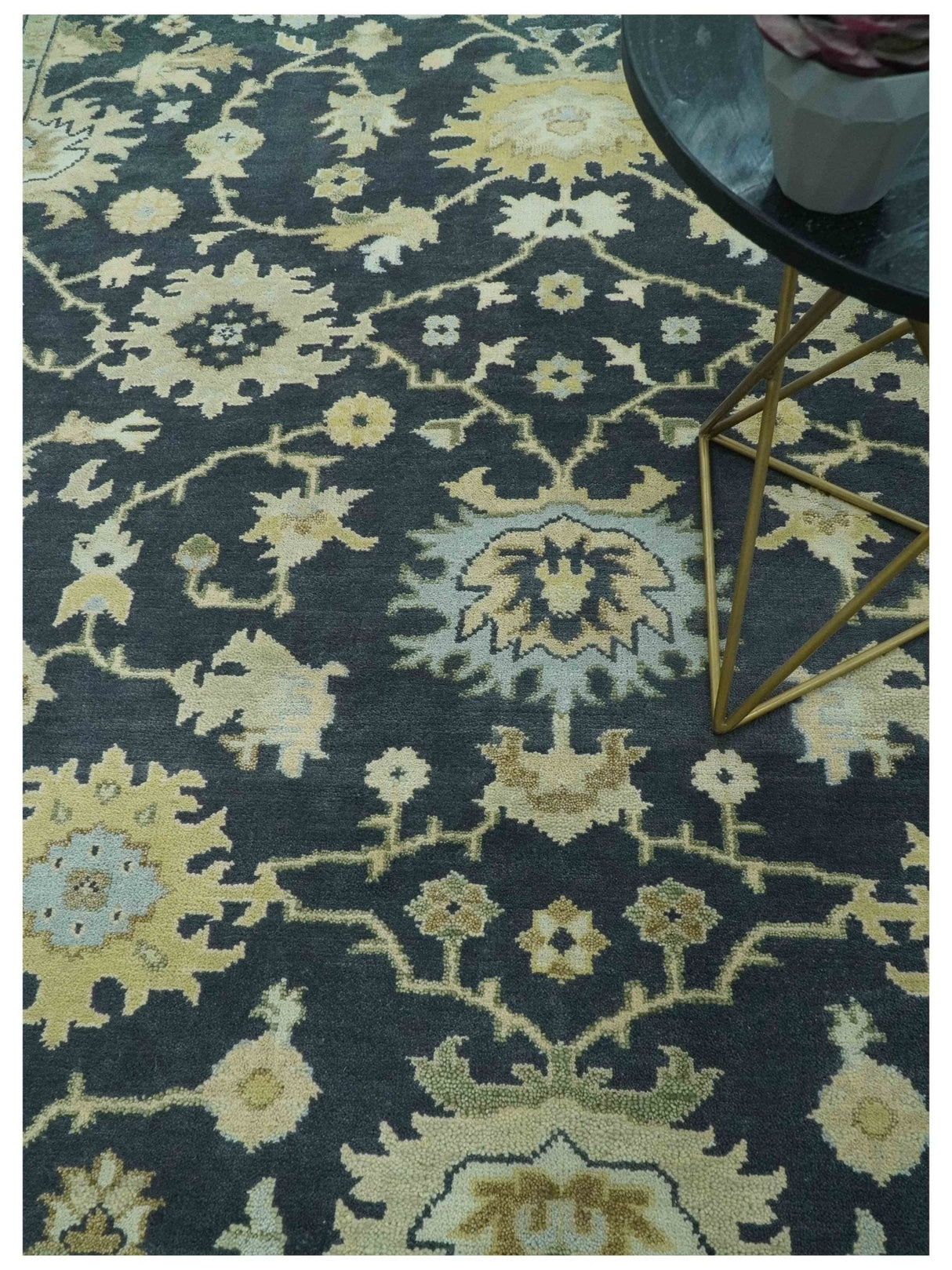 Black, Silver and Olive Oushak Hand Knotted Custom Made Wool Rug