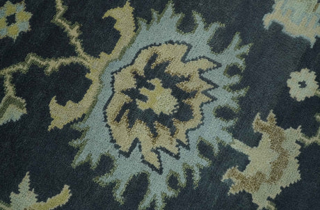 Black, Silver and Olive Oushak Hand Knotted Custom Made Wool Rug