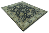 Black, Silver and Olive Oushak Hand Knotted Custom Made Wool Rug