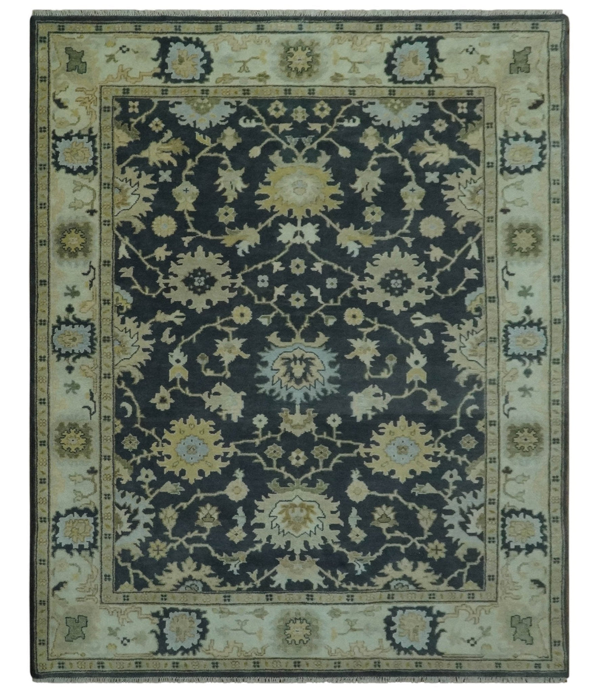 Black, Silver and Olive Oushak Hand Knotted Custom Made Wool Rug
