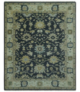 Black, Silver and Olive Oushak Hand Knotted Custom Made Wool Rug