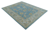 Blue and Beige Hand Knotted Traditional Oushak Design wool Rug