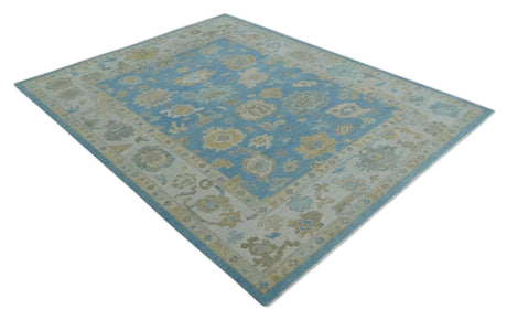 Blue and Beige Hand Knotted Traditional Oushak Design wool Rug