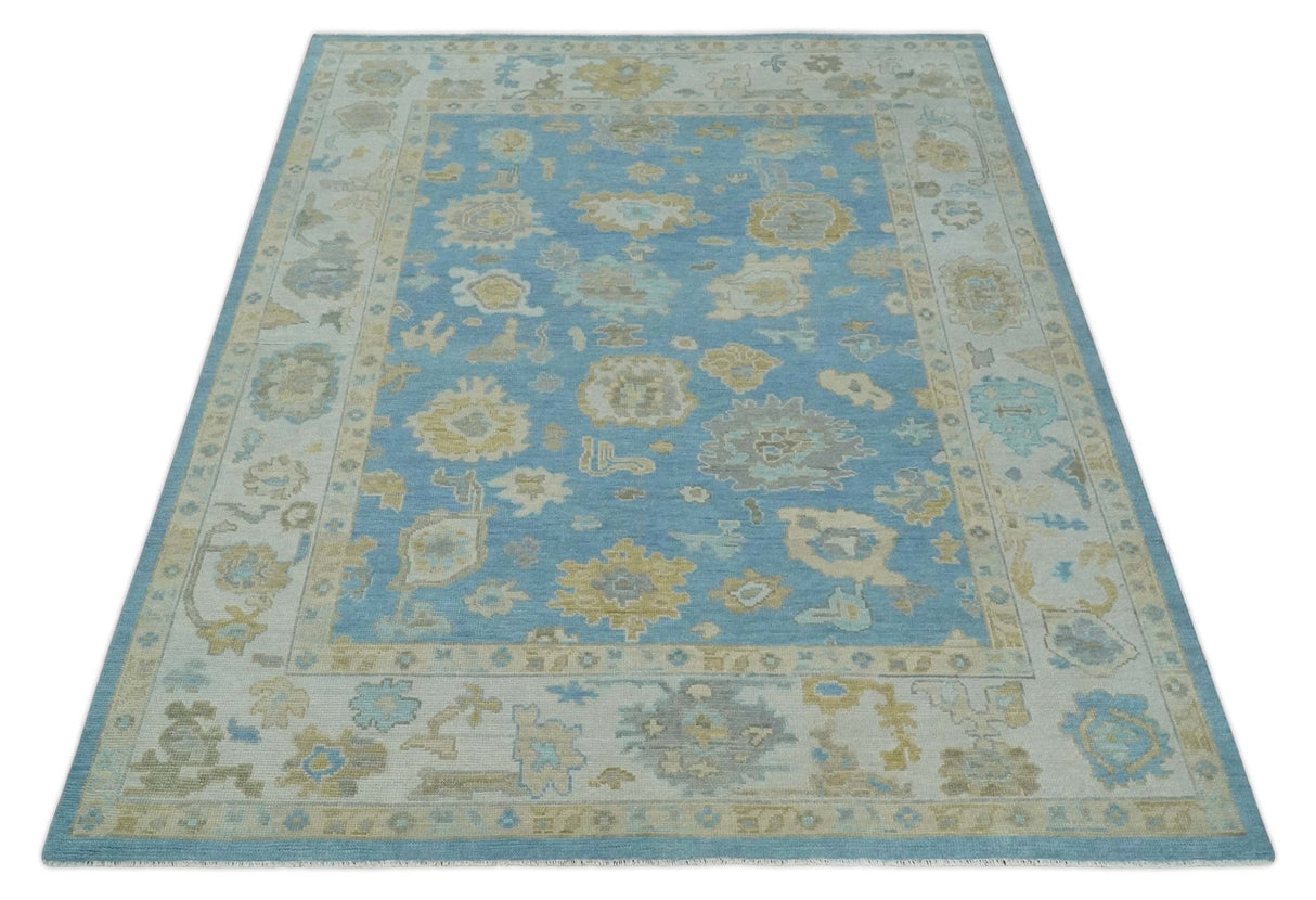 Blue and Beige Hand Knotted Traditional Oushak Design wool Rug