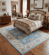 Blue and Beige Hand Knotted Traditional Oushak Design wool Rug