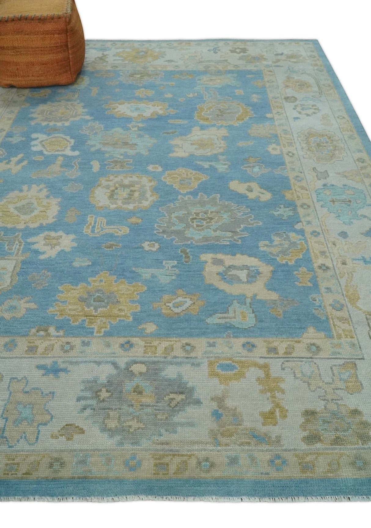 Blue and Beige Hand Knotted Traditional Oushak Design wool Rug