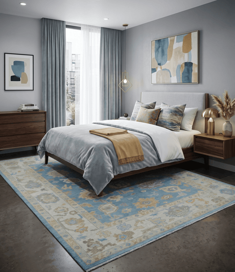 Blue and Beige Hand Knotted Traditional Oushak Design wool Rug