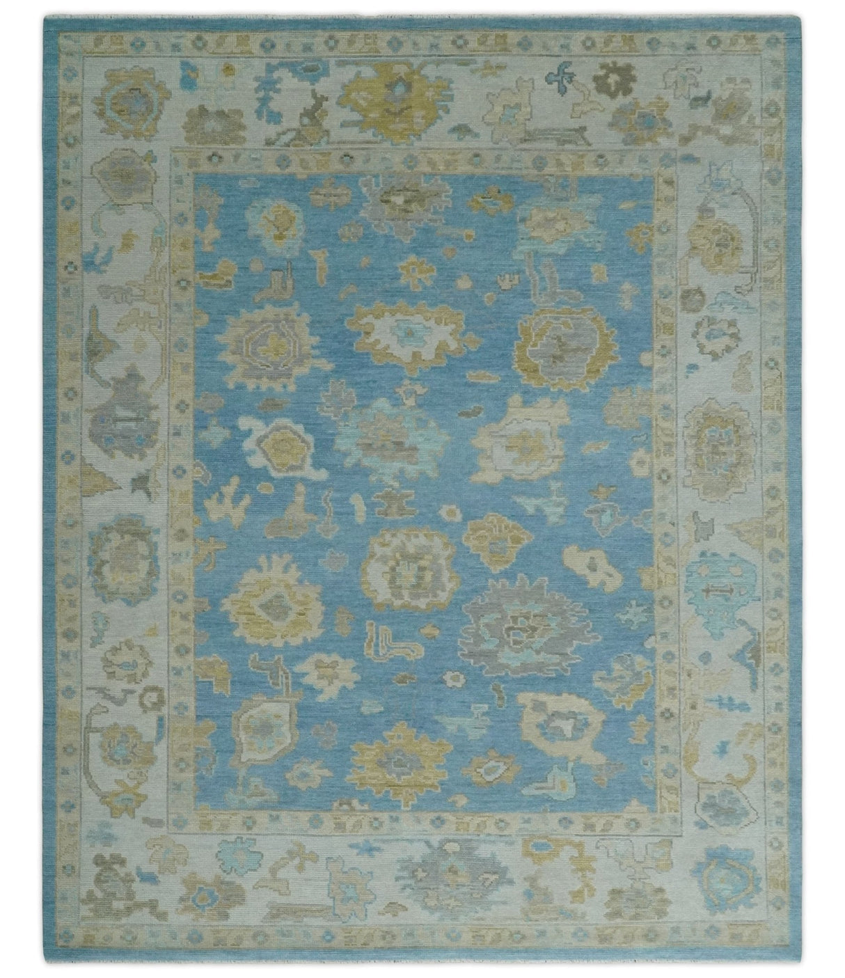 Blue and Beige Hand Knotted Traditional Oushak Design wool Rug