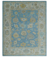Blue and Beige Hand Knotted Traditional Oushak Design wool Rug