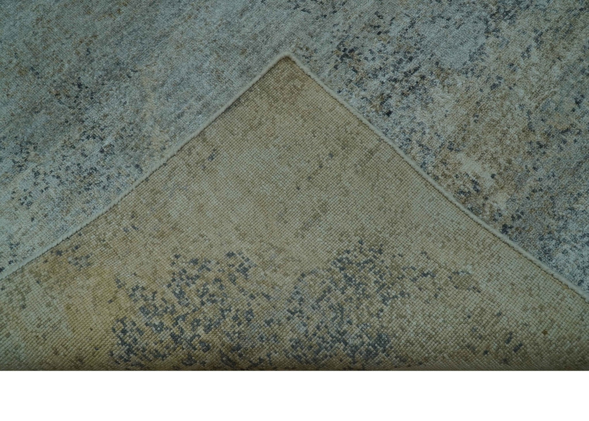 Blue And Beige Modern Abstract Design Hand Knotted 8x10 Bamboo Silk Area Rug