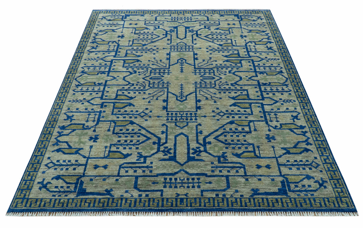 Blue And Beige Modern Design Hand Knotted Custom Made Wool Area Rug