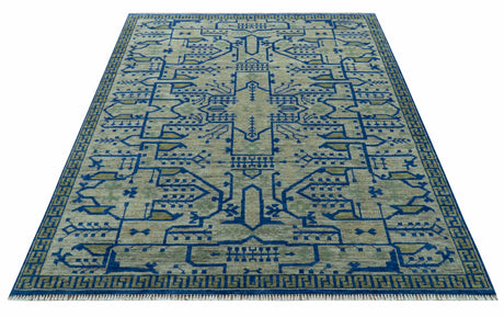 Blue And Beige Modern Design Hand Knotted Custom Made Wool Area Rug