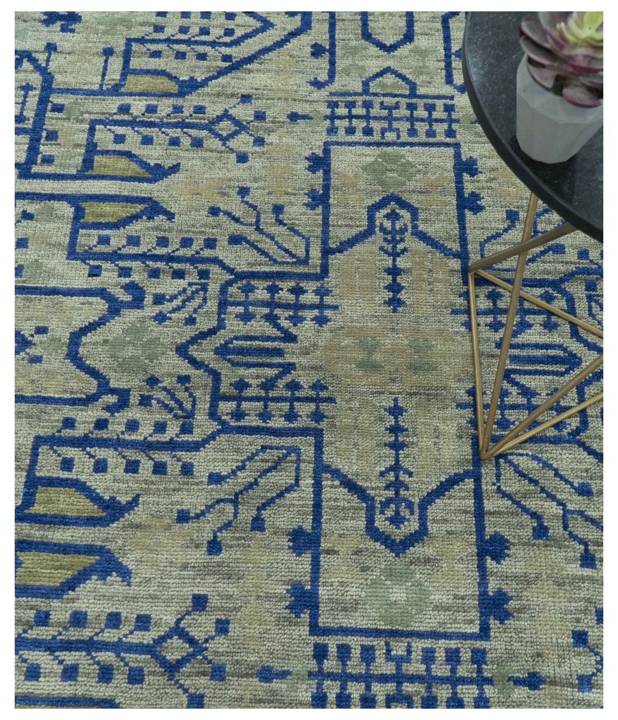 Blue And Beige Modern Design Hand Knotted Custom Made Wool Area Rug