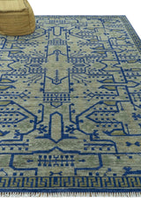Blue And Beige Modern Design Hand Knotted Custom Made Wool Area Rug
