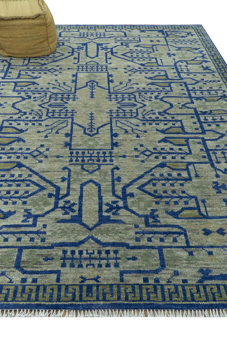 Blue And Beige Modern Design Hand Knotted Custom Made Wool Area Rug