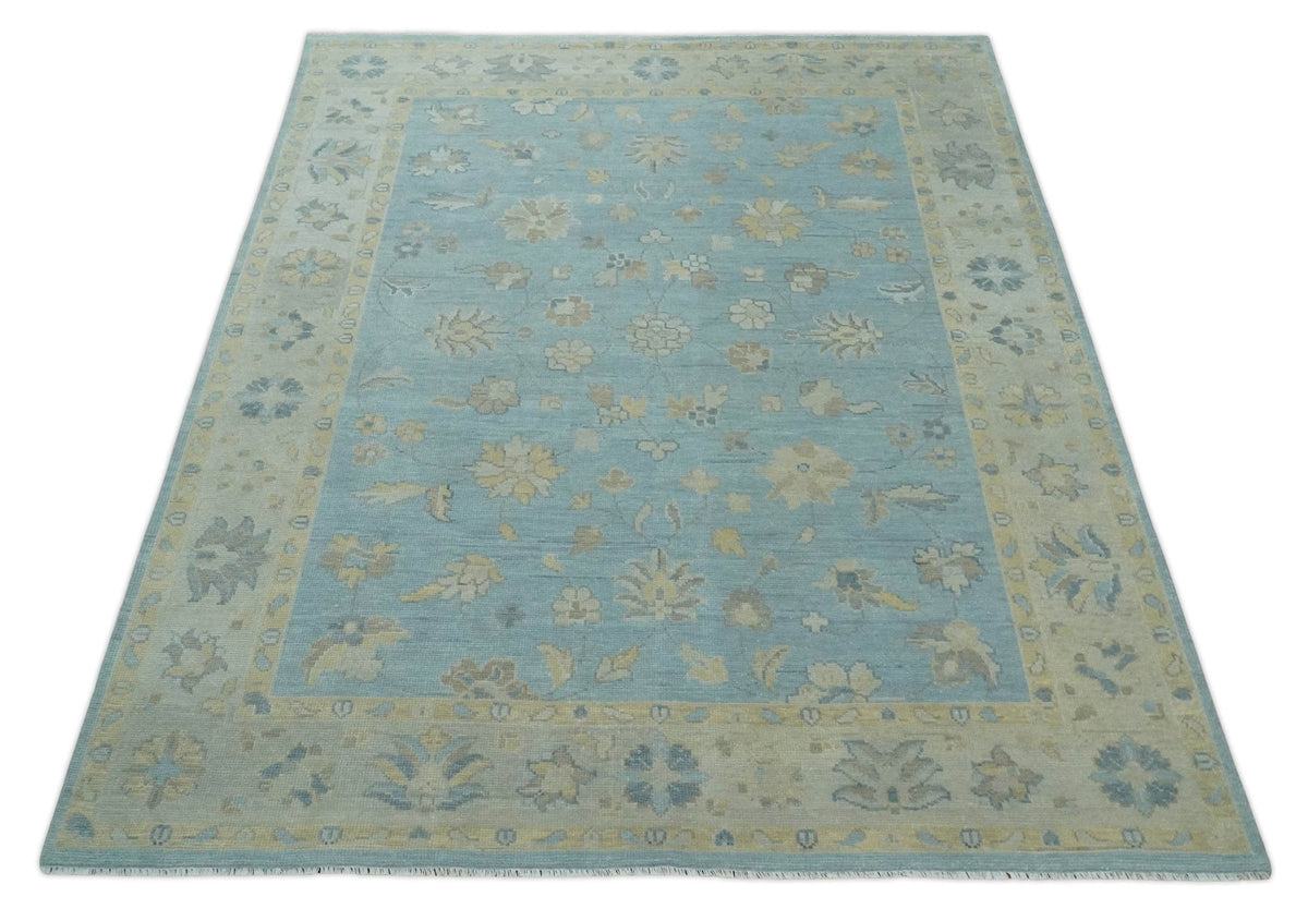 Blue and Beige Traditional Floral Hand Knotted Wool Rug