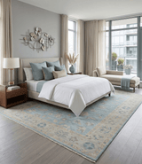 Blue and Beige Traditional Floral Hand Knotted Wool Rug