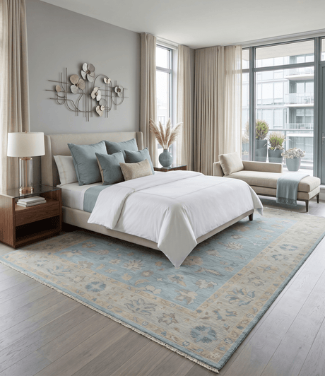 Blue and Beige Traditional Floral Hand Knotted Wool Rug