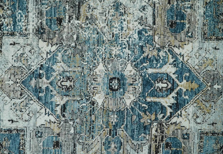Blue And Beige Traditional Heriz Art Silk Area Rug