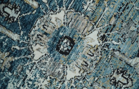 Blue And Beige Traditional Heriz Art Silk Area Rug