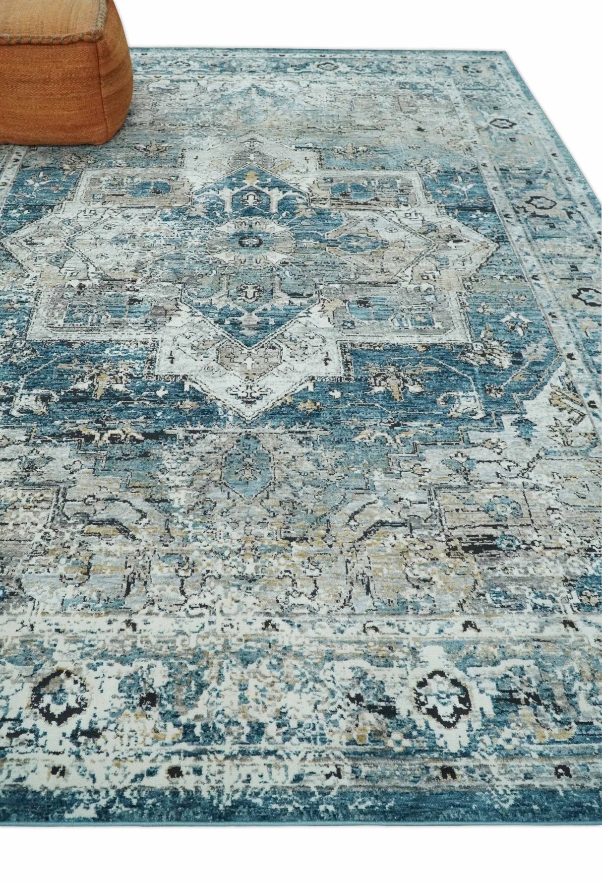 Blue And Beige Traditional Heriz Art Silk Area Rug